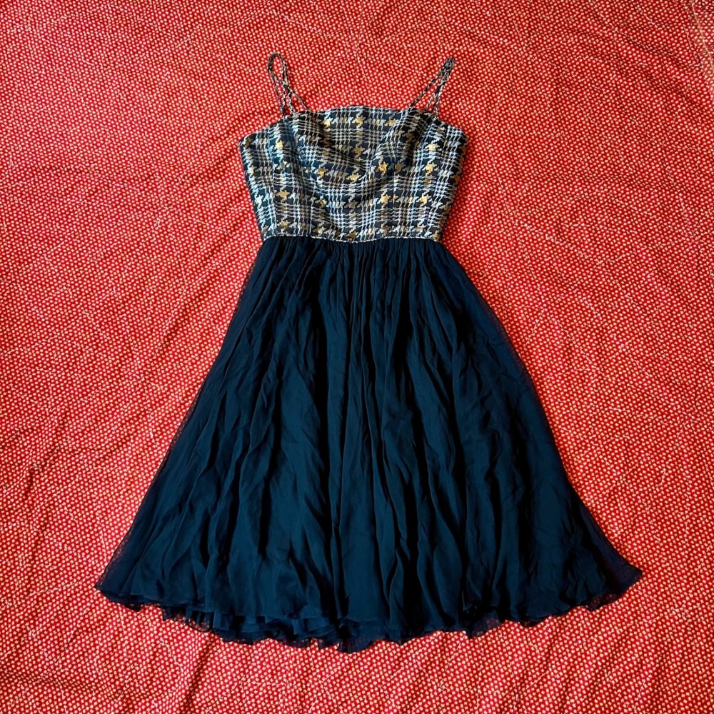 True Vintage 1950s 1960s Metallic Gold Plaid Bodice Chiffon Skirt Party Dress